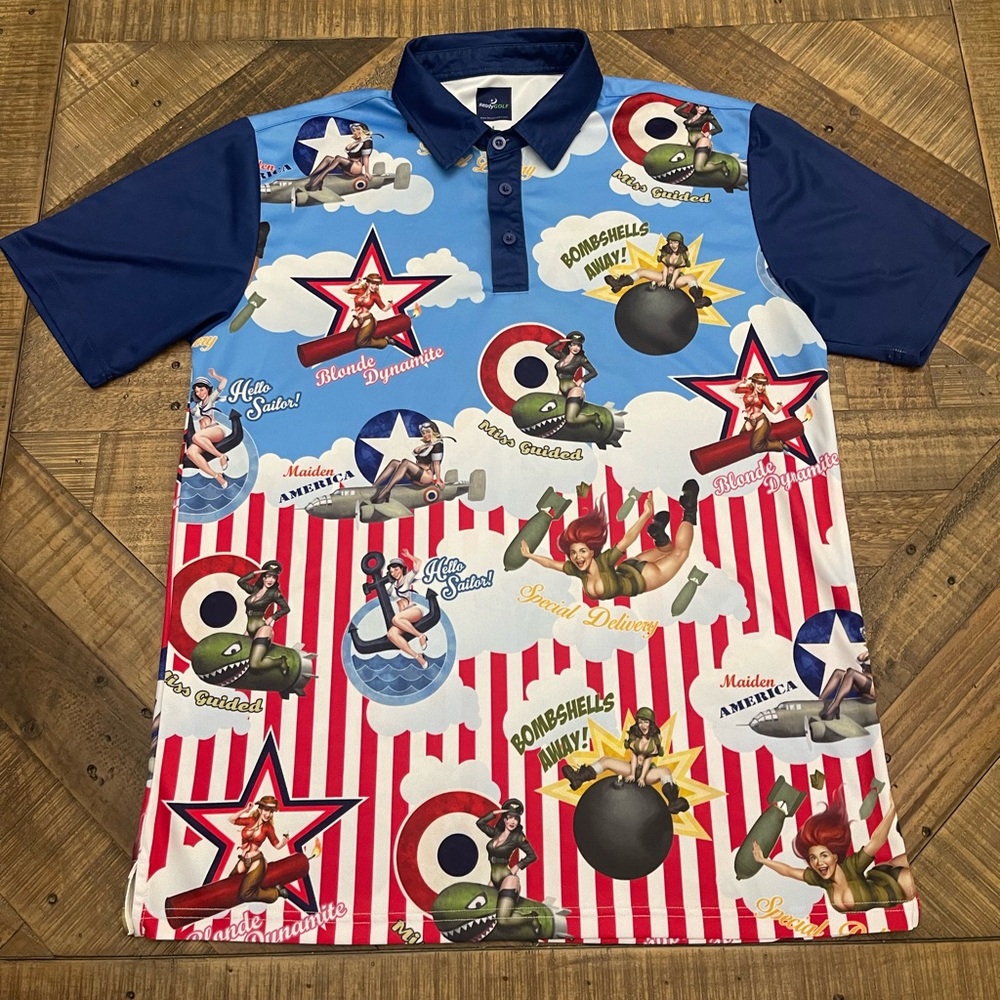 ReadyGOLF Bombshells Away Men's Pin-Up Golf Polo Shirt size large